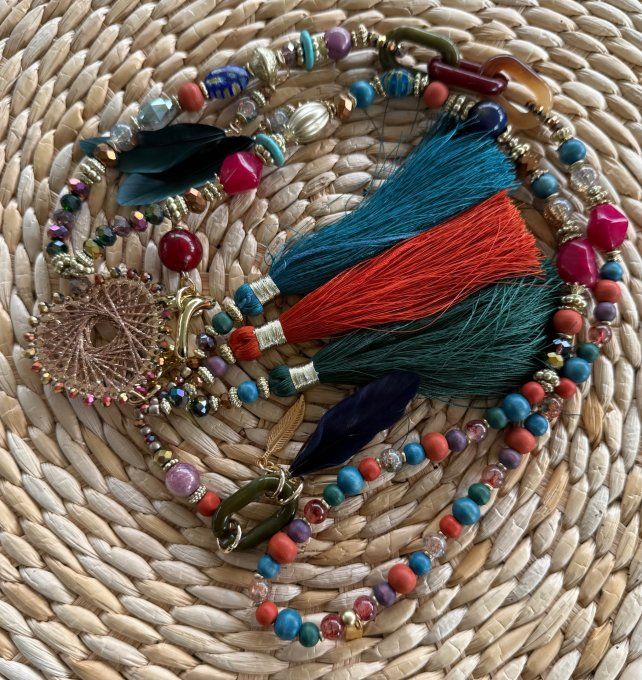 Sautoir camaïeu couleurs automnales perles verre pendentif coeur qualité +++