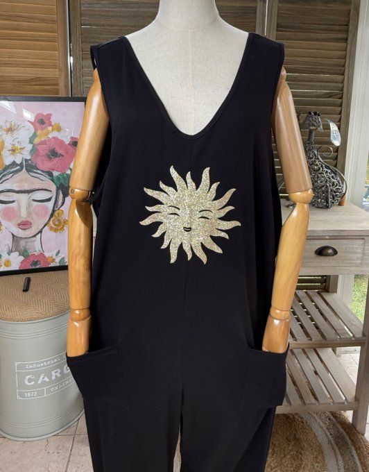 Combinaison salopette coton  noir Soleil pailleté doré or du 40 au 48/50