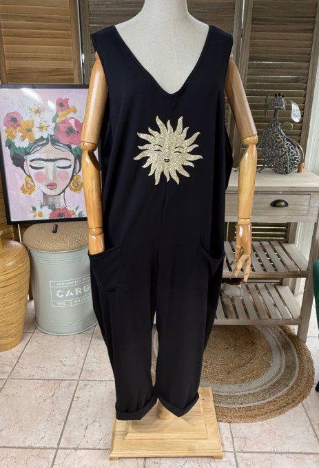 Combinaison salopette coton  noir Soleil pailleté doré or du 40 au 48/50