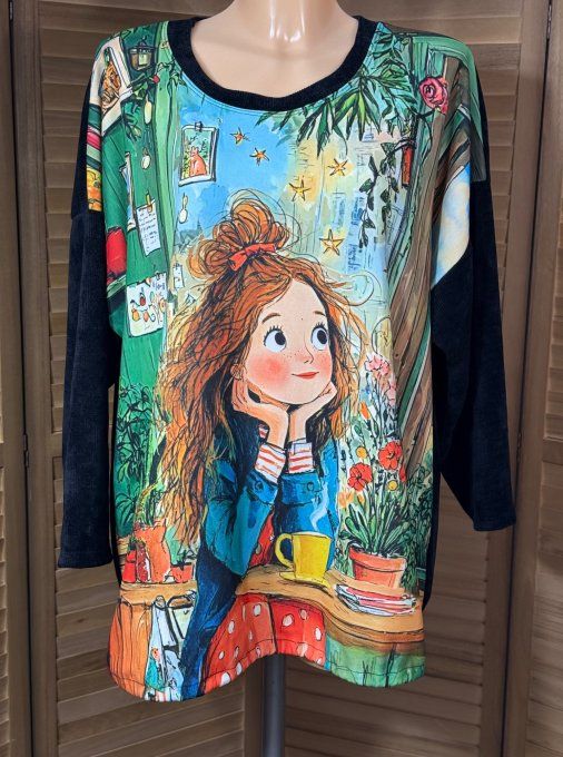 Sweat satiné et velours noir La Fillette rêveuse du 40 au 50  