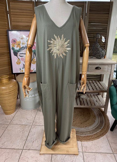 Combinaison salopette coton  Kaki Soleil pailleté doré or du 40 au 48/50
