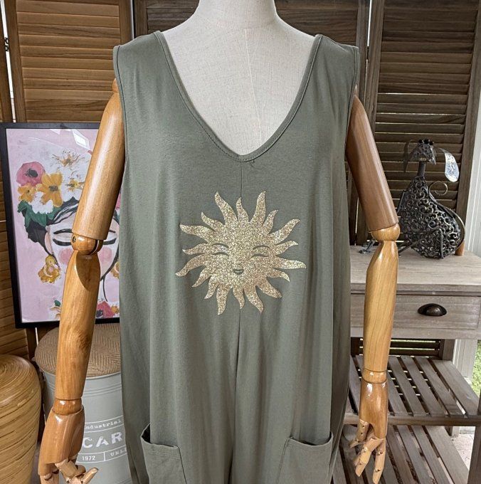 Combinaison salopette coton  Kaki Soleil pailleté doré or du 40 au 48/50