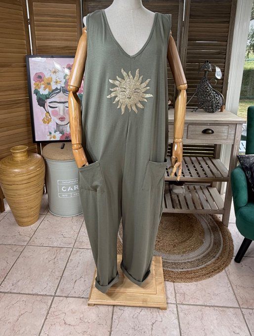 Combinaison salopette coton  Kaki Soleil pailleté doré or du 40 au 48/50