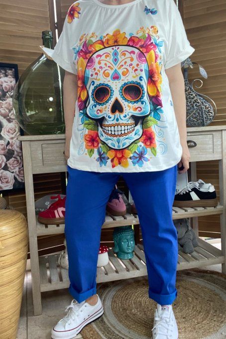 Top ample blanc Mexican Skulls Calaveras & Fleurs du 38 au 48/50 