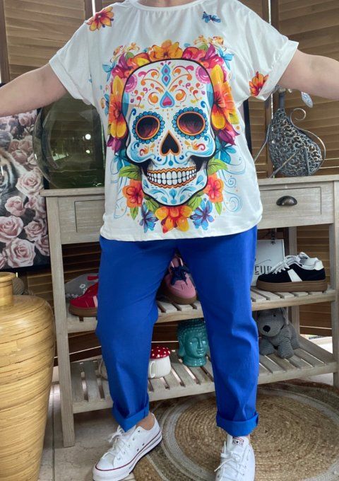 Top ample blanc Mexican Skulls Calaveras & Fleurs du 38 au 48/50 