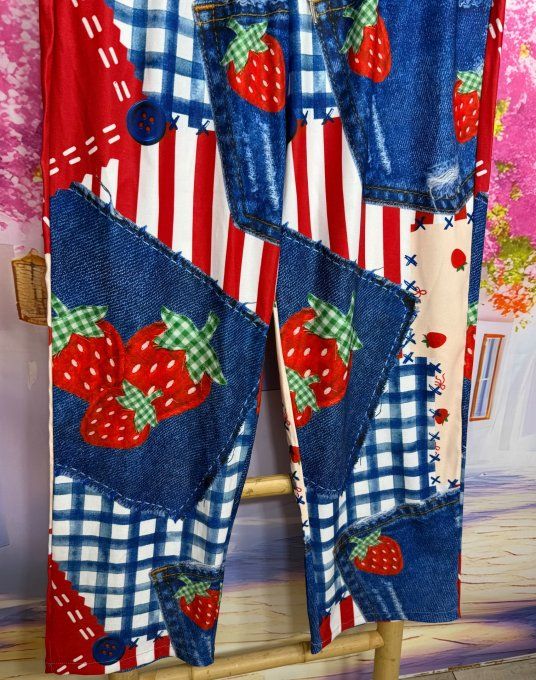 Panta-jogg Patchwork Jeans brut Vichy bleu Les Fraises stretch +++ du 40 au 52/54