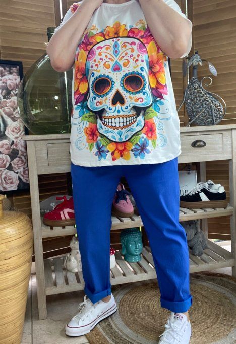 Top ample blanc Mexican Skulls Calaveras & Fleurs du 38 au 48/50 