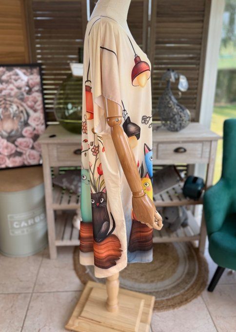 Robe courte ou tunique longue multicolore L'adorable Famille Chats du 42 au 52  