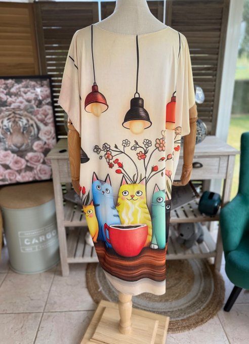 Robe courte ou tunique longue multicolore L'adorable Famille Chats du 42 au 52  