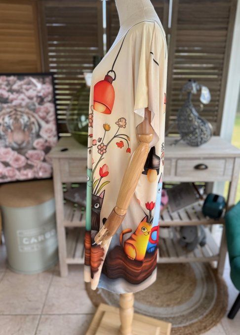 Robe courte ou tunique longue multicolore L'adorable Famille Chats du 42 au 52  