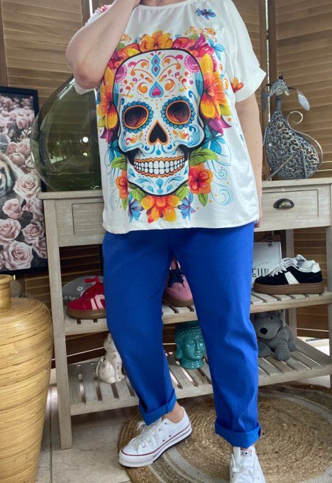 Top ample blanc Mexican Skulls Calaveras & Fleurs du 38 au 48/50 