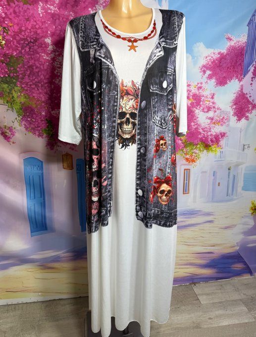 Robe longue blanche et effet jeans brut délavé Skulls & Fleurs multicolores du 40 au 50/52 