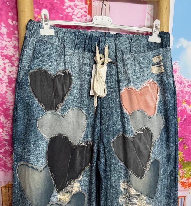 Panta-jogg effet jeans stone délavé Coeurs multicolores Patchwork stretch +++ du 40 au 52/54