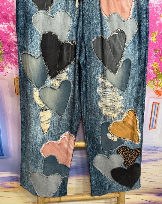 Panta-jogg effet jeans stone délavé Coeurs multicolores Patchwork stretch +++ du 40 au 52/54