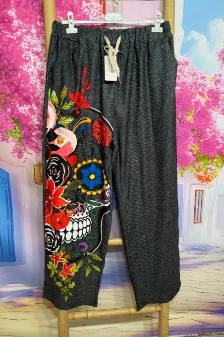 Panta-jogg effet Jeans noir brut Skulls TDM & Red Flowers stretch +++ du 40 au 52/54