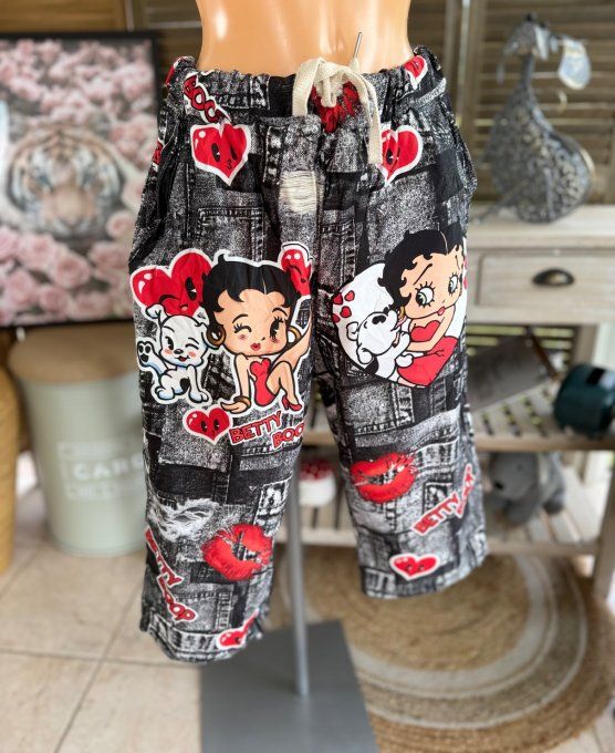 pantacourt (dit magique) effet jeans noir délavé Betty Boop in Love du 40 au 50/52  