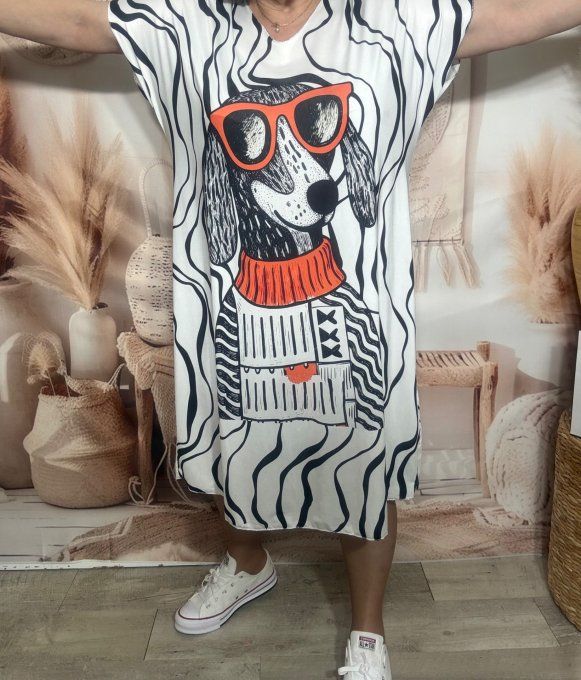 Robe mi-longue ample lycra blanche zébrée Le Chien Lévrier à lunettes du 42 au 54 