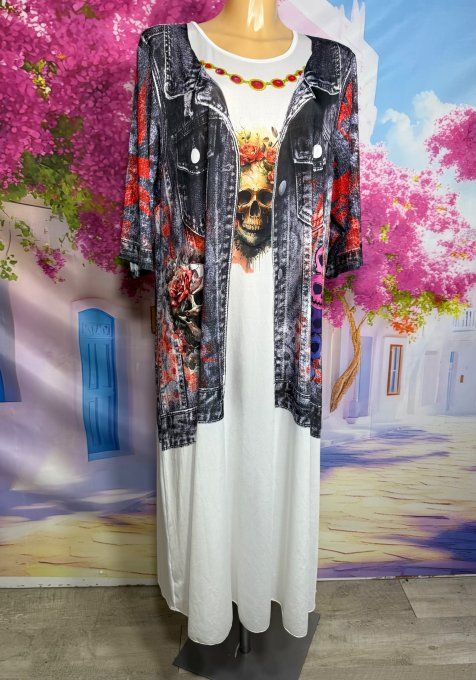 Robe longue blanche et effet jeans brut délavé Skulls & Red Roses du 40 au 50/52 