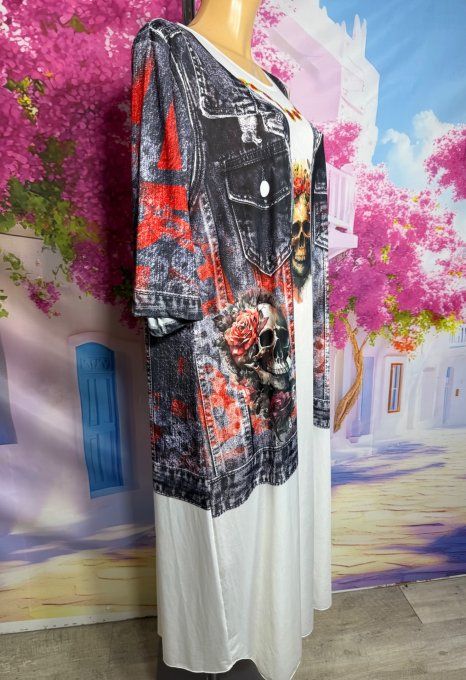 Robe longue blanche et effet jeans brut délavé Skulls & Red Roses du 40 au 50/52 