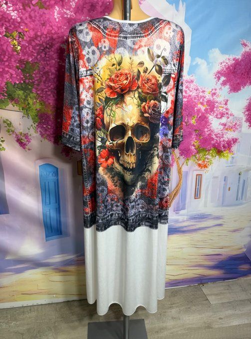 Robe longue blanche et effet jeans brut délavé Skulls & Red Roses du 40 au 50/52 