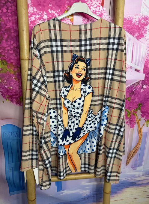 Tee-shirt oversize manches longues lycra carreaux Tartan Pin Up rétro chic du 40 au 54
