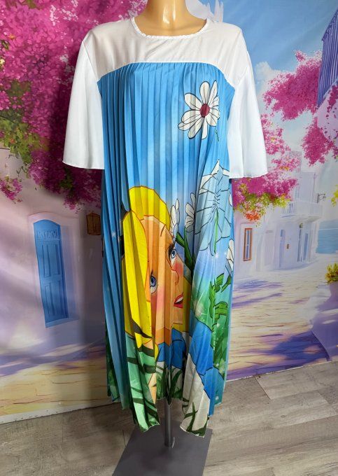 Robe mi-longue plissée blanche Alice au Pays des Merveilles du 40 au 52