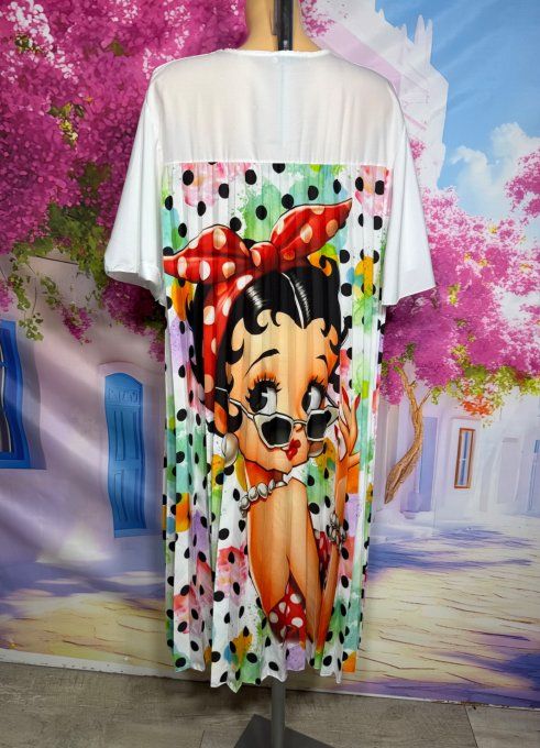 Robe mi-longue plissée blanche pois multicolores Betty Boop Pin Up du 40 au 52  