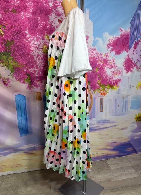 Robe mi-longue plissée blanche pois multicolores Betty Boop Pin Up du 40 au 52  