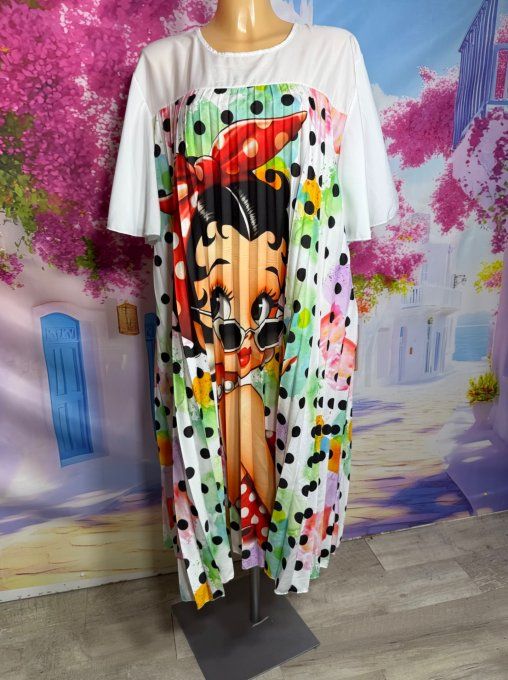 Robe mi-longue plissée blanche pois multicolores Betty Boop Pin Up du 40 au 52  