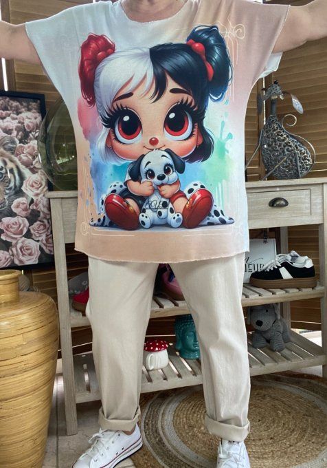 Top fin ample multicolore La Fillette et le chien Dalmatien du 40 au 52 