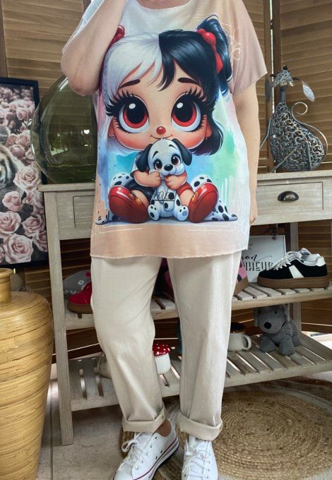 Top fin ample multicolore La Fillette et le chien Dalmatien du 40 au 52 