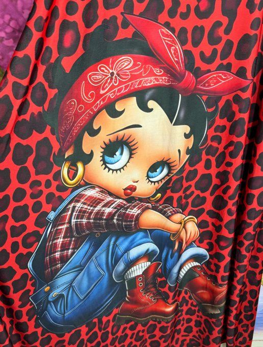 Robe à bretelles trapèze longue Lycra léopard noir et rouge Betty Boop Pinup du 40 au 50/52