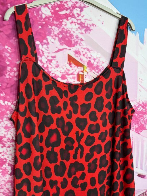 Robe à bretelles trapèze longue Lycra léopard noir et rouge Betty Boop Pinup du 40 au 50/52