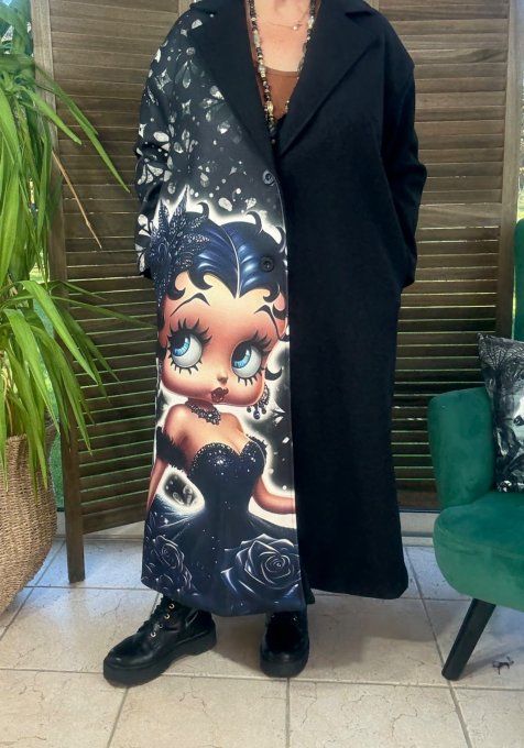 Manteau sans laine long & ample noir Glam Betty Boop du 40 au 50/52 et même +