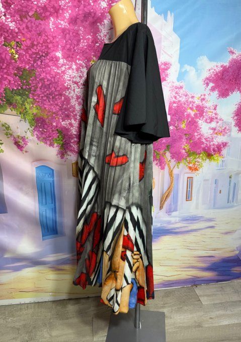 Robe mi-longue plissée noire marbrée grise Picasso Hearts Woman du 40 au 52 