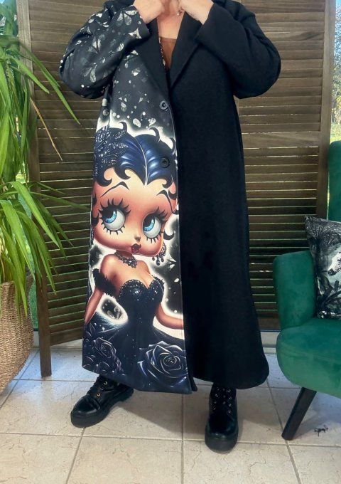 Manteau sans laine long & ample noir Glam Betty Boop du 40 au 50/52 et même +