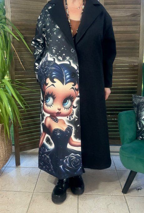 Manteau sans laine long & ample noir Glam Betty Boop du 40 au 50/52 et même +