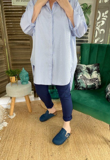 Chemise longue oversize fines rayures bleu clair et blanc confort +++ du 42 au 52