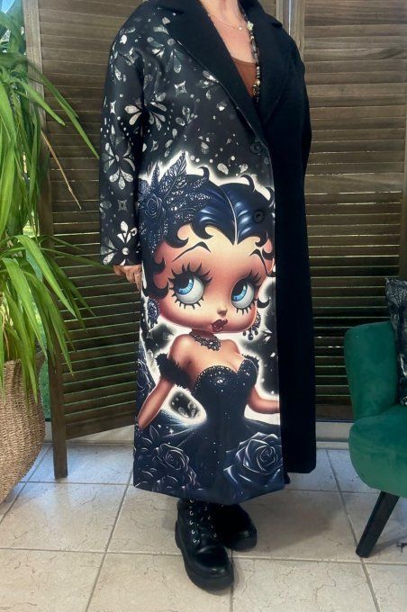 Manteau sans laine long & ample noir Glam Betty Boop du 40 au 50/52 et même +