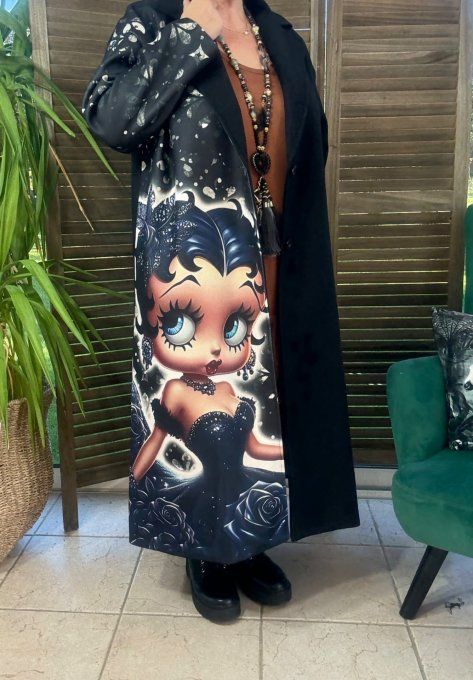 Manteau sans laine long & ample noir Glam Betty Boop du 40 au 50/52 et même +