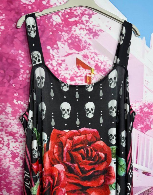 Robe à bretelles trapèze longue Lycra noir Skulls TDM & Red Roses du 40 au 50/52 