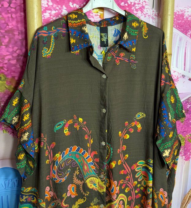 Robe chemise longue Chocolat Cashemire multicolore Fly Out qualité +++ du 40 au 50/52