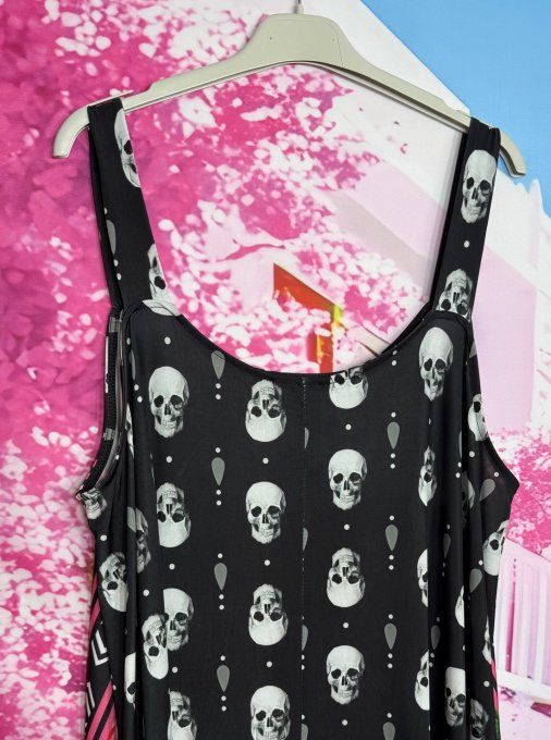 Robe à bretelles trapèze longue Lycra noir Skulls TDM & Red Roses du 40 au 50/52 