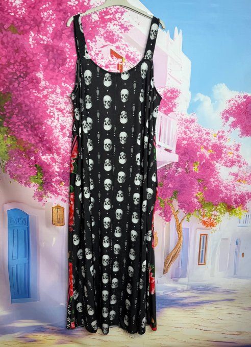 Robe à bretelles trapèze longue Lycra noir Skulls TDM & Red Roses du 40 au 50/52 