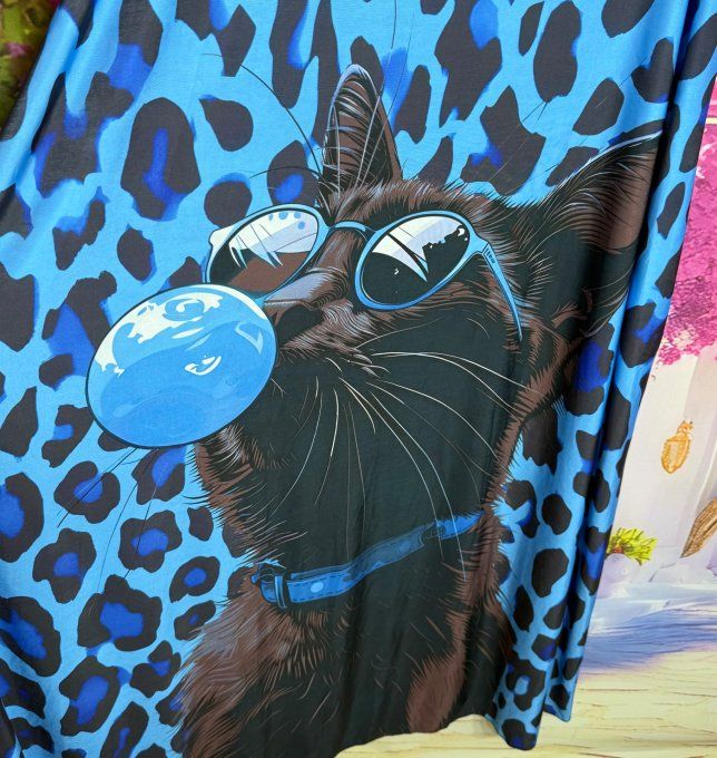 Robe à bretelles trapèze longue Lycra léopard bleu et noir Bubble Chat noir du 40 au 50/52