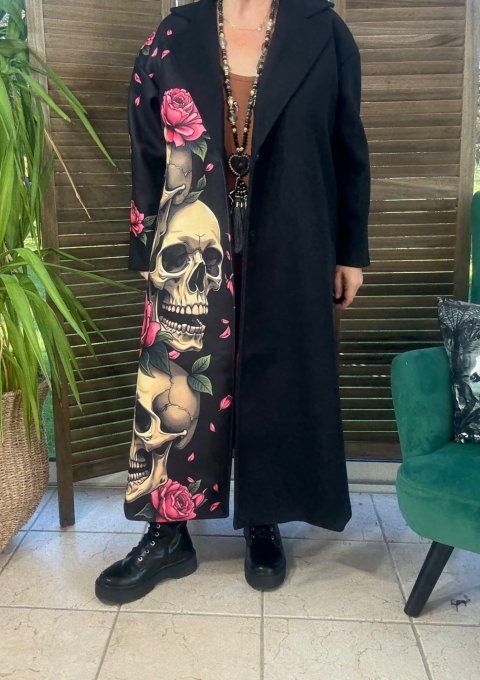 Manteau sans laine long & ample noir Trio de Skulls & Roses du 40 au 50/52 et même +
