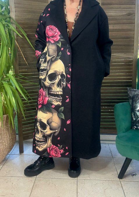 Manteau sans laine long & ample noir Trio de Skulls & Roses du 40 au 50/52 et même +
