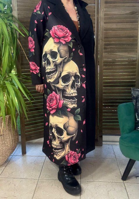 Manteau sans laine long & ample noir Trio de Skulls & Roses du 40 au 50/52 et même +
