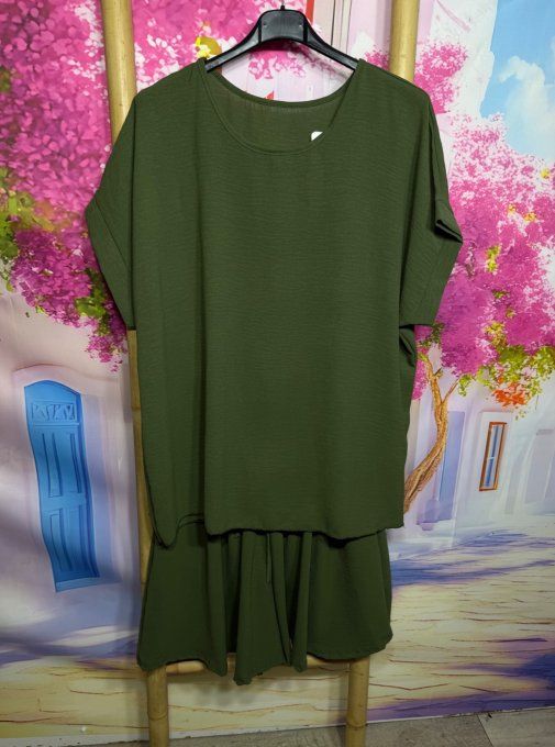 Ensemble Kaki Tunique ample + short cuisses larges taille élastiquée confort +++ du 40 au 50