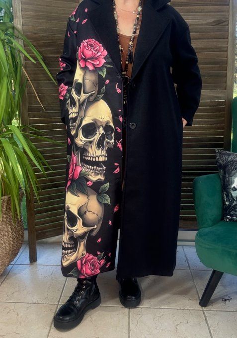 Manteau sans laine long & ample noir Trio de Skulls & Roses du 40 au 50/52 et même +